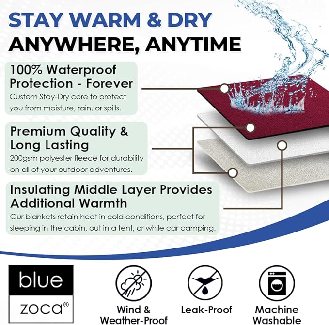 Beach Blanket Waterproof Sandproof Waterproof Blanket for Camping, Hiking, Outdoor Sporting Events, Picnics & More | Machine Washable & Pet Friendly | Travel Size - 65x50in Merlot