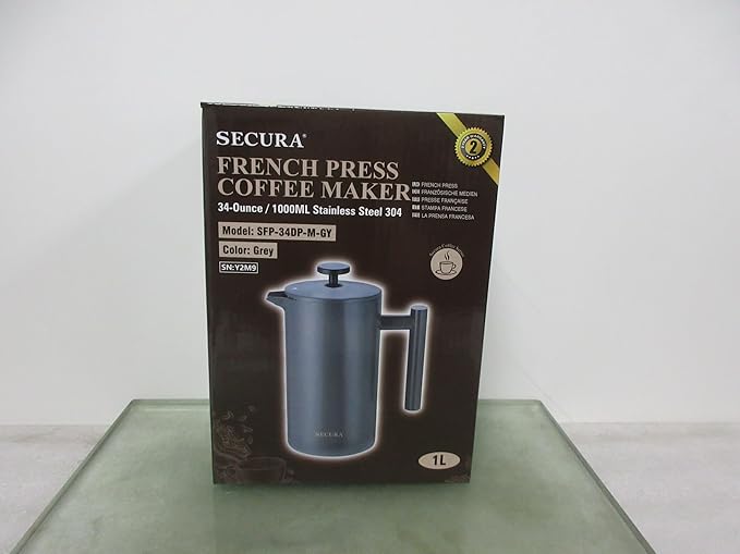 Secura French Press Coffee Maker, 304 Grade Stainless Steel Insulated Coffee Press with 2 Extra Screens, 34oz (1L), Grey