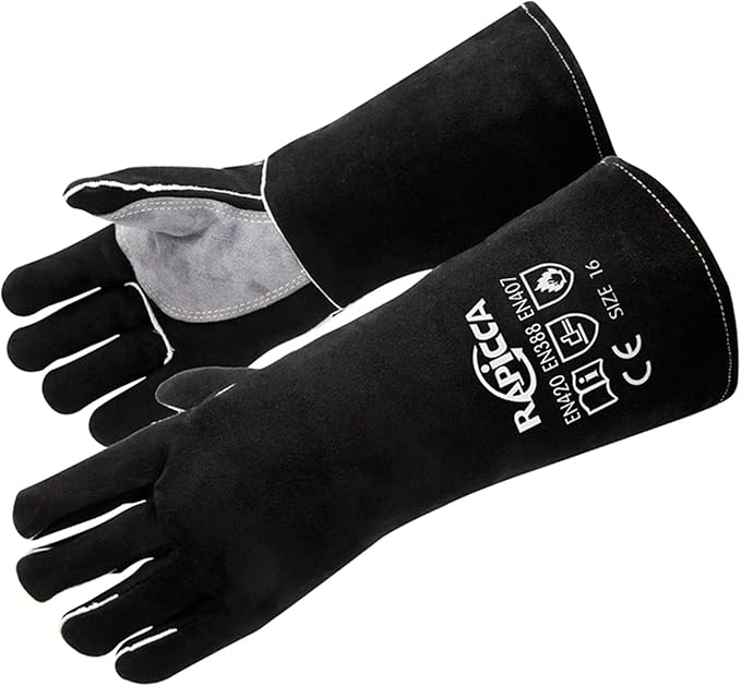 RAPICCA Welding Gloves Fire Heat Resistant: Black 16IN - Fireproof Leather For Stick Mig Flux-Core Welder Forge Blacksmith Fireplace Wood Stove Fire Pit Furnace Handling Dry ice - One Size 662℉