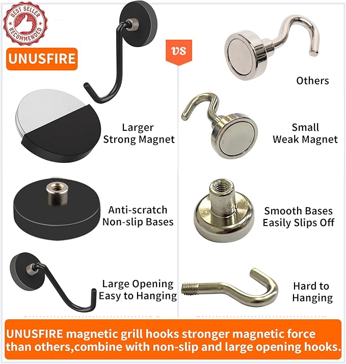 Smoker Grill Hooks 4 Pack Heavy Duty,Non-Slip Magnetic Hook for Grill Utensils,Strong Magnetic Hooks for Traeger Blackstone Pit Boss Camp Chef Z Grills BBQ Grill Accessories