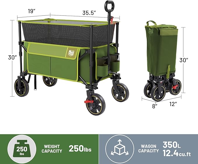 TIMBER RIDGE 350L Extra Large Collapsible Folding Wagon Carts with Brake, Heavy Duty Outdoor Camping Utility Wagons with Extended Height, Adjustable Handle, Cup Holders, Side Bag(Green)