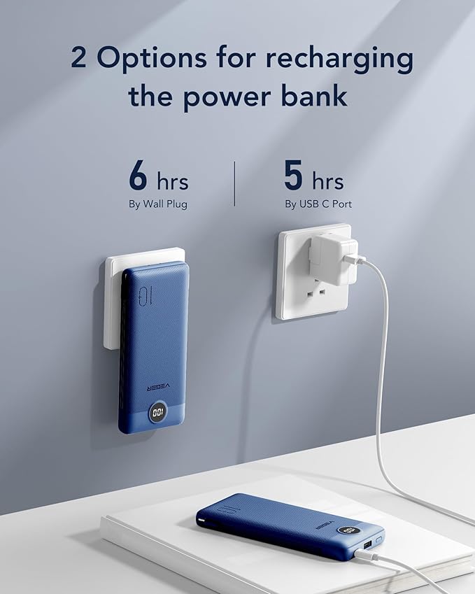 VEGER Portable Charger for iPhone with Built in Cables and Wall Plug, 10000mah Slim Fast Charging USB C Power Bank, Travel Essential Battery Pack Compatible with iPhone, iPad, Samsung etc(Navy)