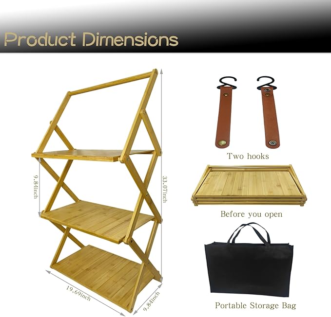 Foldable Bamboo Shelf, Folding Shoe Rack, Flower Rack, Camping Rack, No Installation Required, Portable, Space Saving, Multi-Purpose Storage Rack (Natural,3 Tiers with Boom)