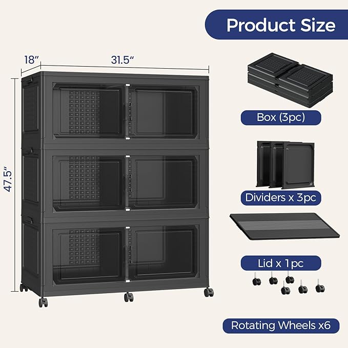 150GAL Extra Large Storage Bins with Lid, 600Qt Stackable Closet Organizers and Drawers, Collapsible Storage Bins with Wheels, Folding Storages Cabinet for Home Bedroom Office, 3Pack Black