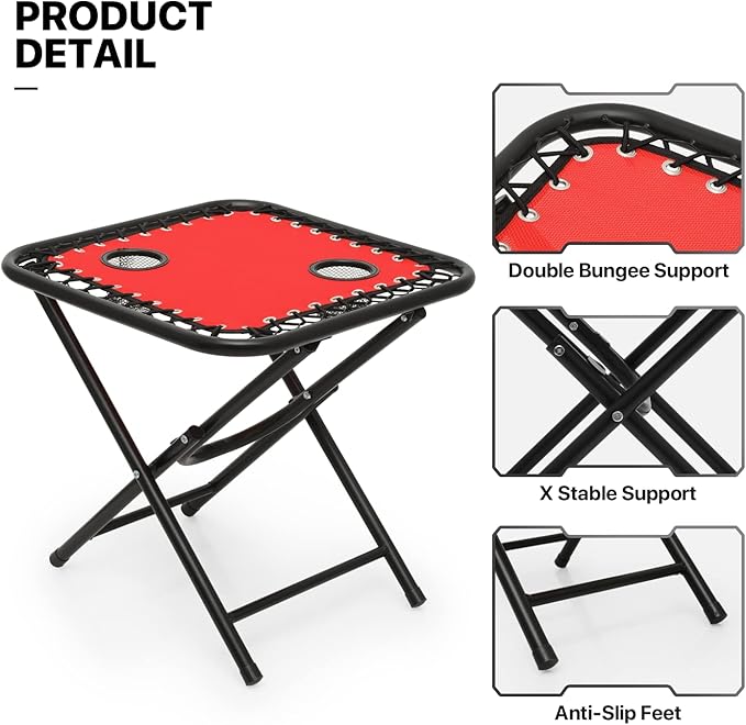 MoNiBloom Recliner Patio Lounge Chairs Set of 3, Adjustable Outdoor Beach Chairs w/Folding Table, Pillow and Cup Holder Tray, 330lbs Capacity, Red