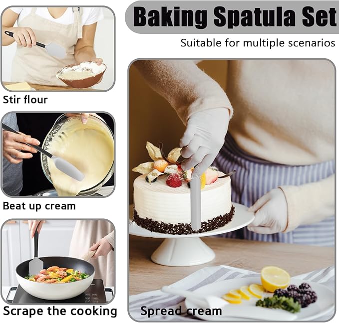 Oven Mitts with Heat-Resistant Hot Pads and Five Silicone Spatulas Designed for Kitchen Baking Cooking, Oven Glove Soft Cotton Lining, Waterproof, BPA-Free (Grey, 15.7)