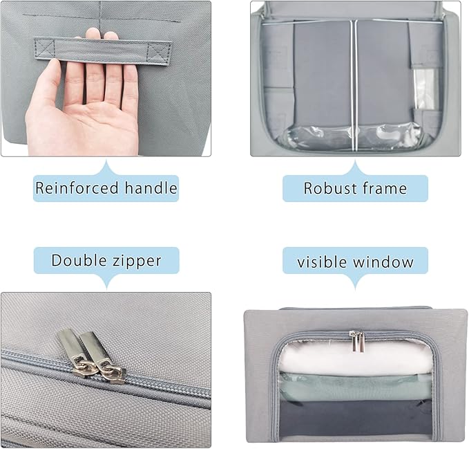 Clothes Storage Box Bins Stackable Foldable Organizer,Sturdy Handles with Metal Frame for Clothing Bedding Shelves,Closet Container with Clear Window Zipper and Label Holder (Gray, 22L x3 Pack)