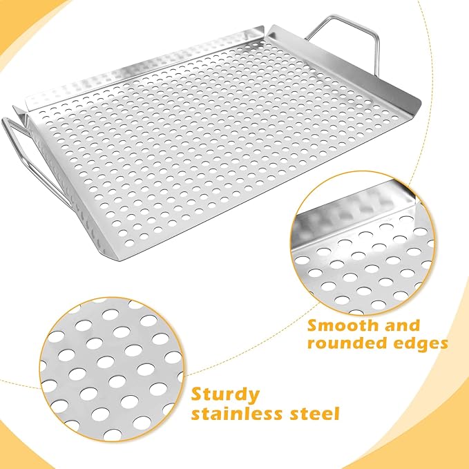 11 x 14 Inch Nonstick Grill Tray with Handles,Perforated Stainless Steel Grill Pans for Outdoor Grill,Heavy Duty Grilling Accessories for Charcoal/Gas Grills,Easy to Use and Clean