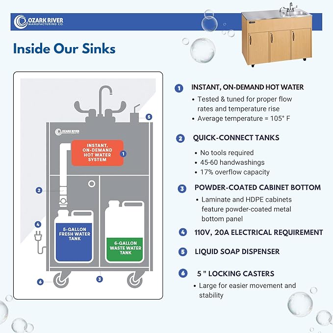 Ozark River Portable Sinks, Advantage S1D, Maple Laminate Cabinet-Stainless Countertop, Hot Water Hand Washing Station with Countertop & Storage Space, Self Contained Sink, Portable Hand Washing Sink