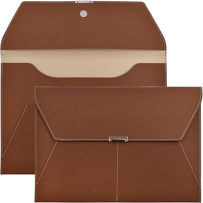 VANRA File Folder Document Holder Organizer Waterproof Portfolio Leather Folder Case with 3 Pockets, Filing Envelopes for A4 Letter Size Paper with Snap Magnetic Button Closure (Brown)