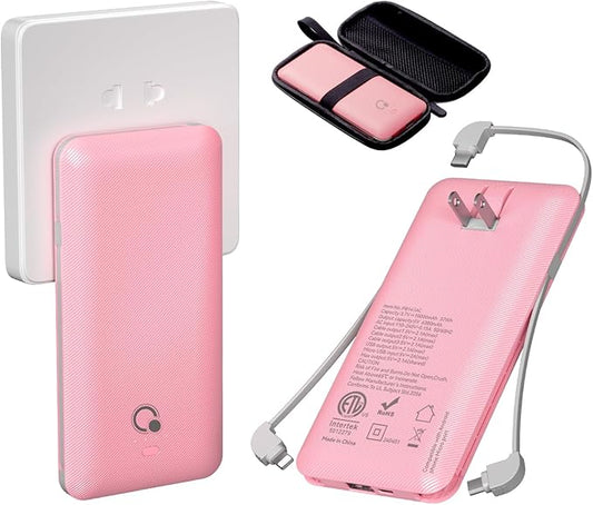 Q 10000mAh Power Bank, Slim Portable Charger,4 Output External Battery Pack with Built-in AC Wall Plug Micro USB C 3 Cables Compatible with iPhone Samsung Android Phone Tablet and More