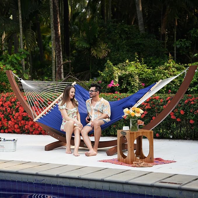 Lazy Daze Hammocks 12 FT Double Quilted Fabric Hammock with Spreader Bars and Detachable Pillow, 450 LBS Weight Capacity, Navy Blue