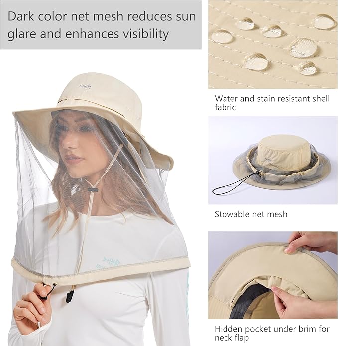 BASSDASH UPF 50+ Mosquito Net Hat with Stowable Neck Flap for Men Women Outdoor Fishing Hiking Camping Gardening FH17