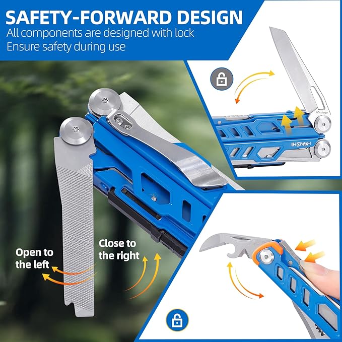 HANSHI Multitool Pliers, 22-in-1 YG10 Tungsten Steel Multi Tool with Scissors,Replaceable Wire Cutters, Flint, Window Breaker, Back Clip,Ideal for Camping, Survival and Gift(Blue)