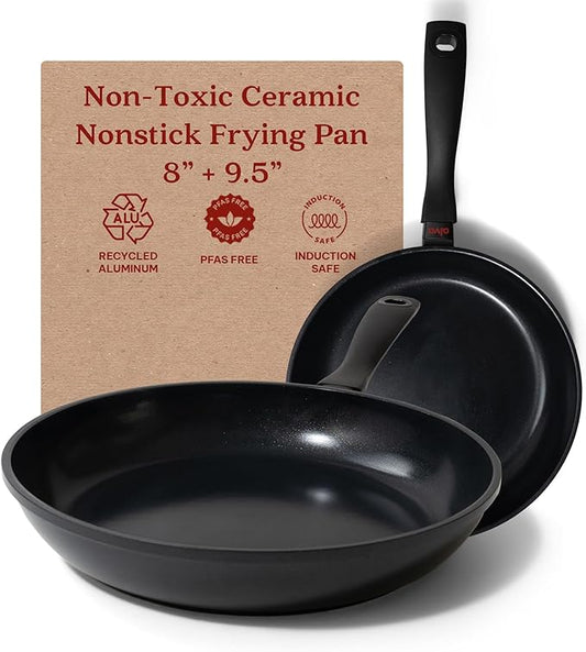 Alva Energy 8" & 9.5" Ceramic Nonstick Frying Pan Set - PFAS-Free, Lightweight, Fast Heating Skillet with Stay-Cool Handle - Non-Toxic, Dishwasher Safe Cookware