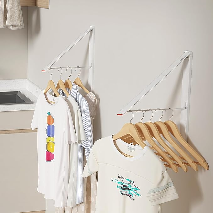 Wall-Mounted Retractable Clothes Drying Rack | White Extending Laundry Hanging Rack | Hidden and Space-Saving | Wall Mount Dryer Hanger Rack for Laundry Room, Closet (2-Pack, White)
