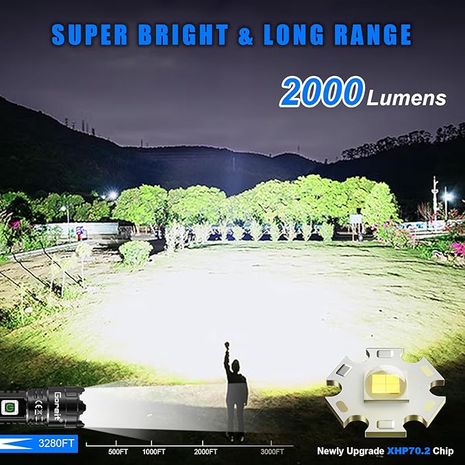 Goreit Flashlights High Lumens Rechargeable, 2000 Lumen XHP70.2 LED Flashlight USB Super Bright Flash Lights, High Powered Handheld Flashlights for Emergencies Camping, Waterproof, Adjustable Focus