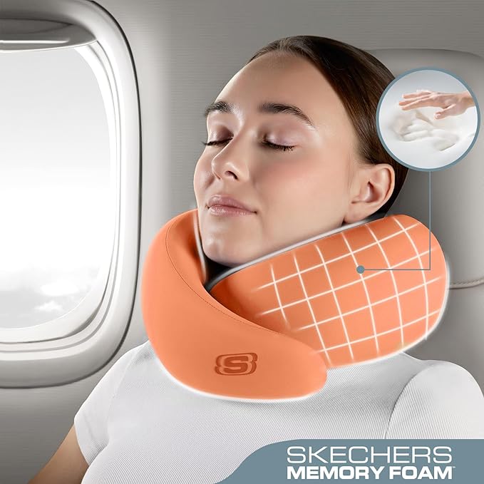 Skechers Memory Foam Travel Pillow,Comfortable & Breathable Airplane Travel Essential, Neck Pillow for Travel, Car Rides, Home, and Office Use, Ergonomic Design for Men and Women,Orange