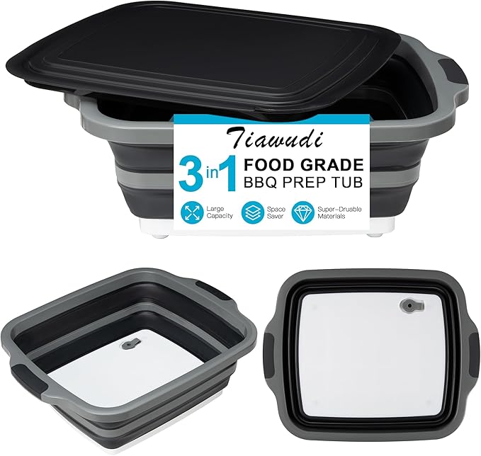 Tiawudi Large Collapsible BBQ Prep Tub with Lid(4.22 Gal/16L), Foldable Camping Sink with Colander, Cutting Board, Dish Basin for Kitchen, Bowl, Vegetable and Fruit, Storage Basket for Picnic