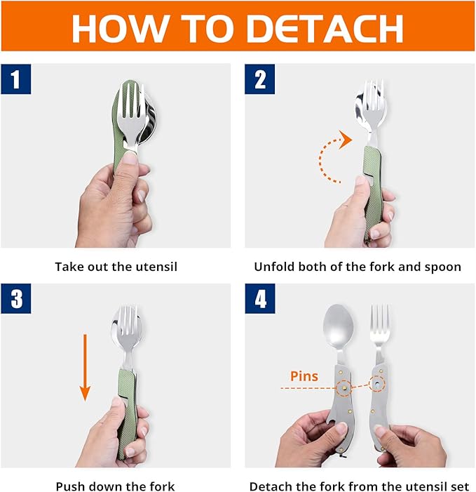 HIKENTURE 4-in-1 Camping Utensils,Stainless Steel Spoon Fork Knife Combo with Bottle Opener,Backpacking Eating Cutlery for Traveling,Hiking,Scouting Hobo Multitool Set (Army Green)