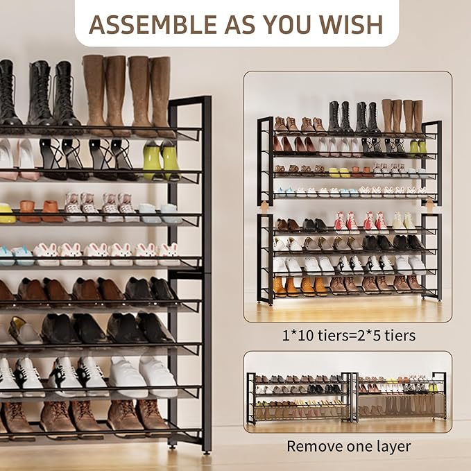 Metal Shoe Rack,Large 8 Tier Shoe Organizer, Heavy Duty Metal 4-Tier Stackable Shoe Storage Vertical Shoe Rack for Closet Front Door,Entrance,Entryway,GarageUp to 50 Pairs,Black