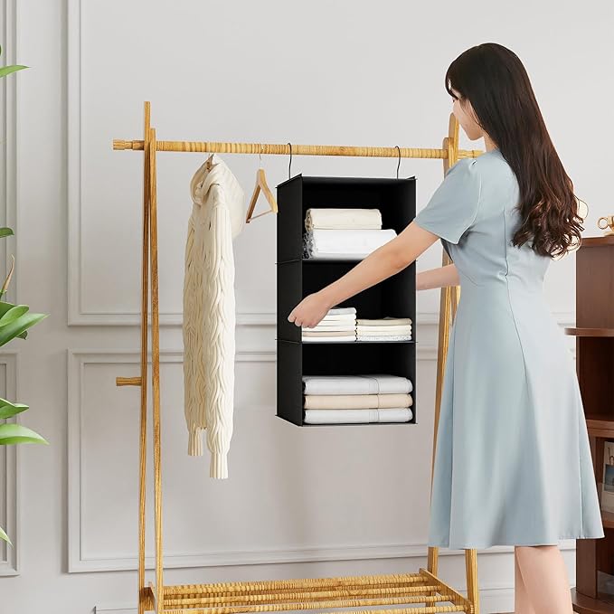 Hanging Closet Organizer - 3-Shelf, Easy Mount Foldable Wardrobe Storage Shelves for Clothes, Handbags, Shoes & Accessories - Washable Oxford Cloth Fabric, Black