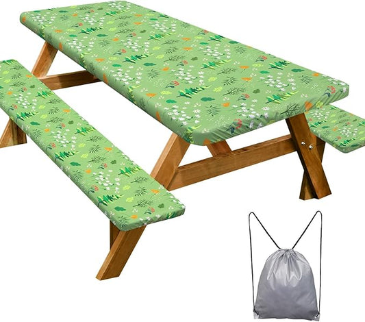 Picnic Table Cover with Bench Covers Camping Essentials Waterproof Windproof Camping Tablecloth with Drawstring Bag, Fitted Rectangle Tables and Seats, 60in, Grass Green