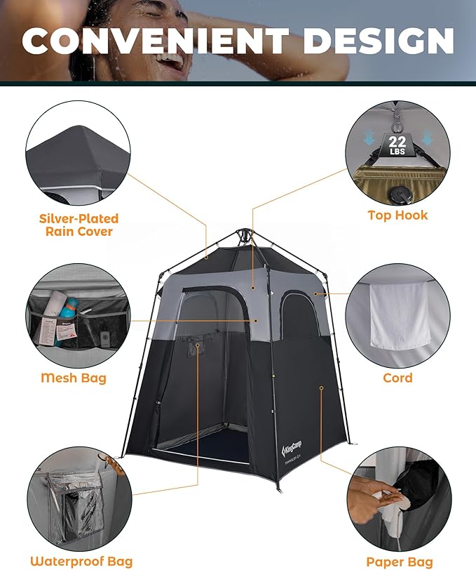 KingCamp Camping Shower Tent, Instant Portable Privacy Shelter, 1/2 Room Large Outdoor Toilet Tent with Floor, Water-Resistant, Windproof & Easy Setup for Beach, Camping & Hiking