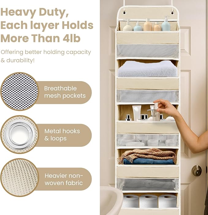 Over The Door Organizer with 8 Side Mesh Pockets, 44lb Weight Capacity Hanging Behind The Door Bathroom Organizers and Storage Suitable for Storing Toys, Shoes, Towels, Lvoy White, 5 Shelf