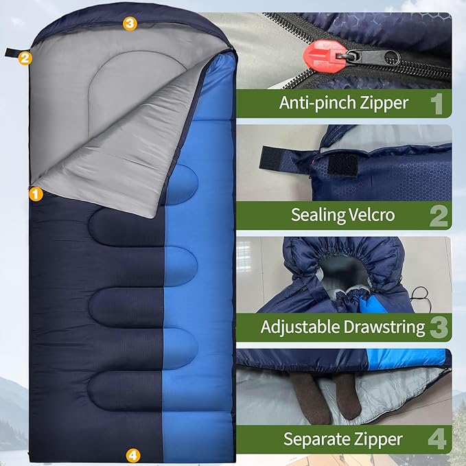 XL 10 Degree Sleeping Bags Waterproof for Adults 350GSM Machine Washable with Compression Sack for 3-4 Season Camping Outdoor