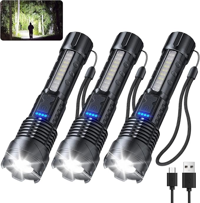 JIJ Flashlight 3 Pack, Rechargeable Flashlights High Lumens, 7 Modes LED Flashlight with IP67 Waterproof, Adjustable Handheld Tactical Flashlight for Camping, Home Emergency, Outdoor