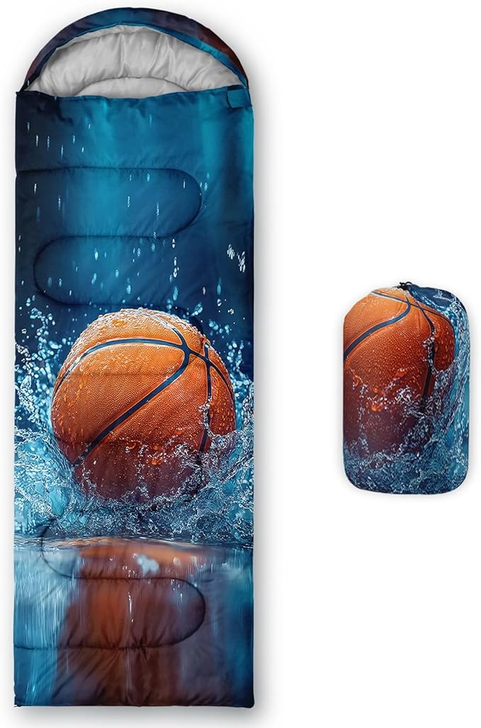 Kids Sleeping Bag for Boys Girls,3D Basketball Print-Lightweight Warm Portable Outdoor Indoor-Waterproof Cold Weather Resistant Sleeping Bag for Camping Hiking