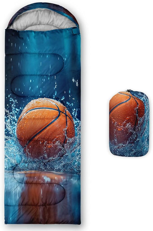Kids Sleeping Bag for Boys Girls,3D Basketball Print-Lightweight Warm Portable Outdoor Indoor-Waterproof Cold Weather Resistant Sleeping Bag for Camping Hiking