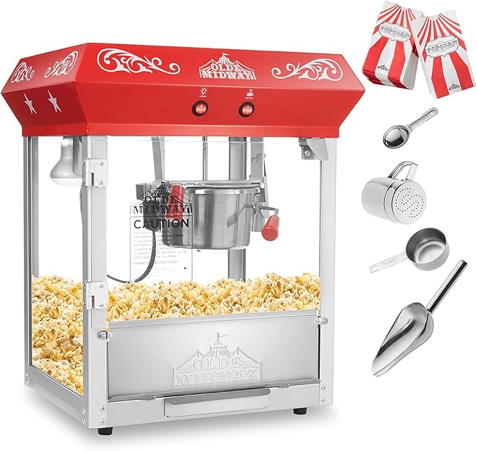 Olde Midway Bar Style Popcorn Machine Maker Popper with 6-Ounce Kettle - Red