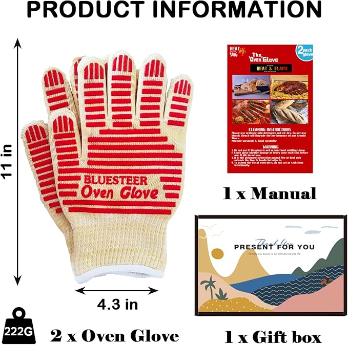 Oven Gloves, Heat Resistant 540 Degrees Grilling Gloves, Hot Surface Handler Non-Slip Silicone Oven Mitts with Fingers, BBQ Gloves for Cooking/Kitchen/Baking, Pack of 2