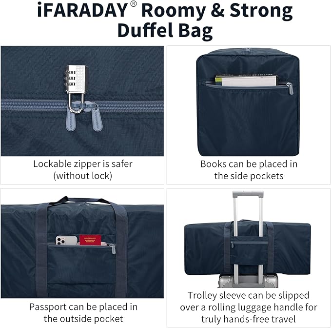 Foldable Duffle Bag for Travel - 75L Large Spare Travel Duffel Bag Lightweight with Trolley Sleeve - Navy