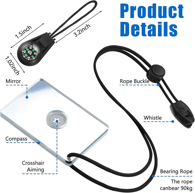 2 Pieces Signal Mirror Survival Camping Mirror 2 x 3 Inch Emergency Signaling PFD Rescue Whistle with 2 Pack Mini Compass for Hiking, Camping, Backpacking and Emergency Situations