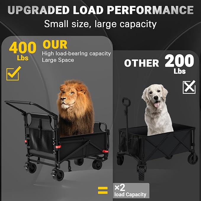 LEVELEVE Heavy Duty Folding Wagon - 2-in-1 Collapsible Cart, 400lb Capacity, All-Terrain Wheels w/Brakes & Side Pockets (Black)