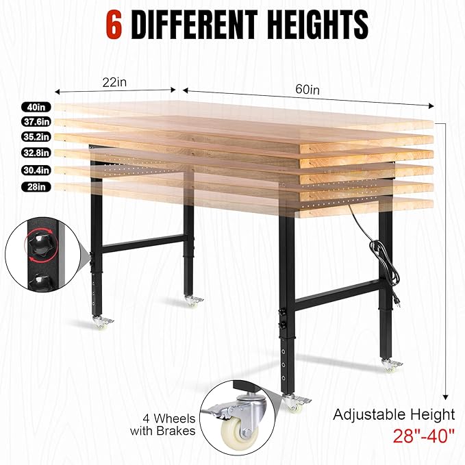 Height Adjustable Workbench with Wheels 60”×22” Heavy Duty Work Table 2000 LBS Capacity Rolling Work Table Rubber Wood Work Station with Power Outlet & Pegboard for Garage, Office, Workshop
