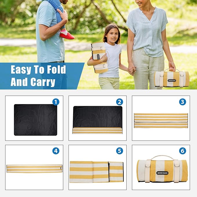 Outdoor Picnic Blankets Waterproof Large, Sandproof Backing Portable for Family, Friends, Kids, Picnic Mat Machine Washable for Camping Party, Grass, Beach Park, Playground(Butter Yellow)