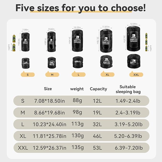 HIKEMAN Compression Sack, 50% More Storage! 12L/19L/32L/46L/53L Compression Stuff Sack, Water-Resistant & Ultralight Sleeping Bag Stuff Sack - Space Saving Gear for Camping, Hiking