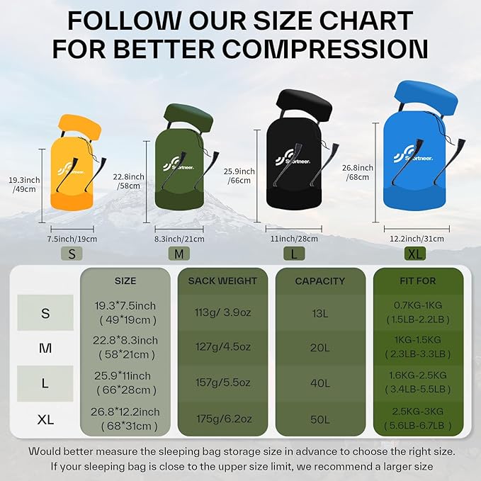 Sportneer Compression Sack, 13L/20L/40L/50L Sleeping Bag Stuff Sack, Tear-Resistant Ultralight Sleeping Bag Compression Sack-Space Saving Gear for Camping Hiking Travel