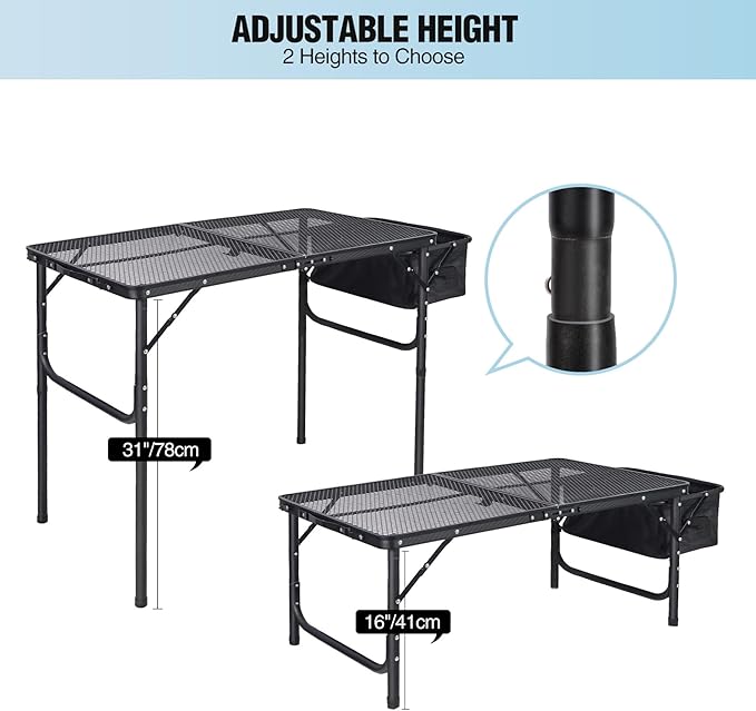 RedSwing Portable Grill Table with Sink for Outside, Aluminum Frame Folding Grill Stand Table for Outdoor Camping Picnic BBQ, Lightweight Adjustable Height, 36 x 20 x 31 Inches, Black