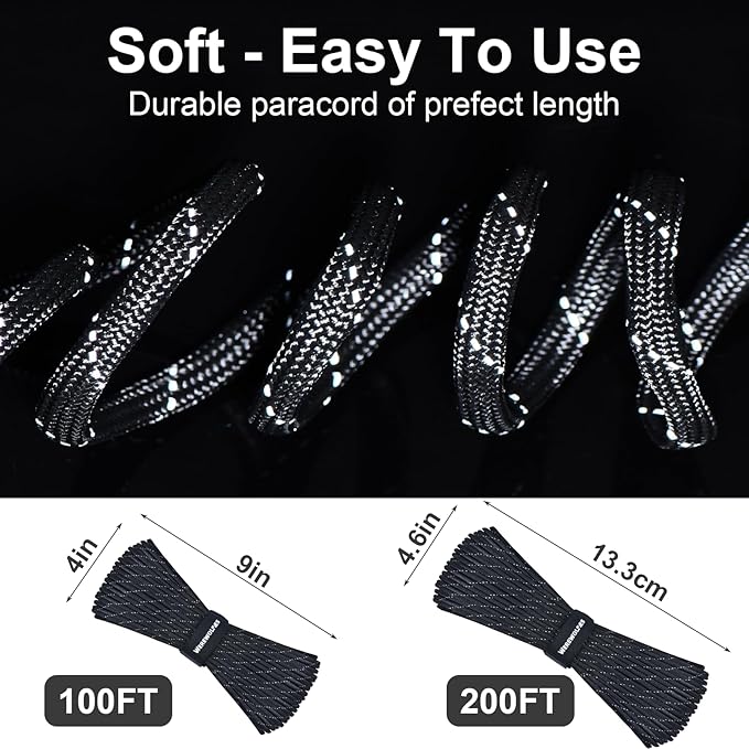WEREWOLVES Reflective Paracord Rope 7 Strand Type III Parachute Cord 4mm 100ft / 200ft for Tent Camping Hiking Fishing Survival Tactical Clothesline DIY Projects