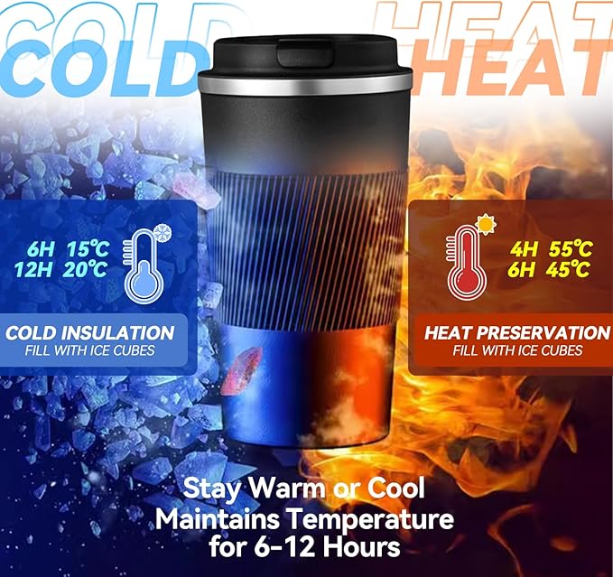 17OZ Travel Coffee Mug Insulated Coffee Cup with Spill Leak Proof Lid, Portable Stainless Steel Tumbler Reusable Hot and Cold Water Mug for Car, Daily, Camping- Black