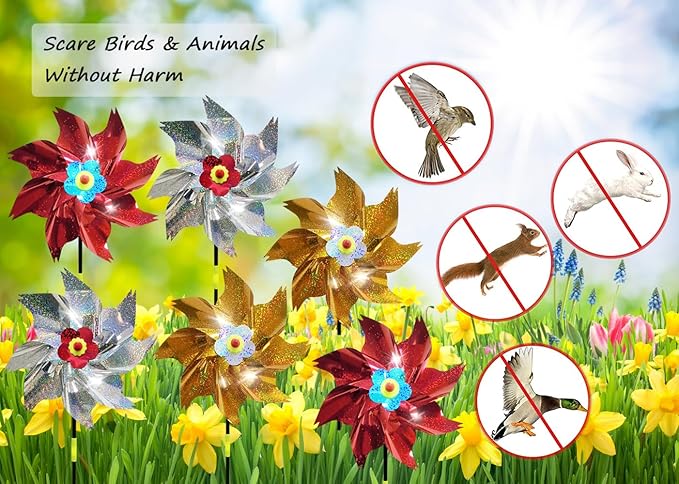 Sparkly Reflective Pinwheels with Stakes, Wind Spinners Outdoor Bird Scare Devices, Foil Pin Wheel Holographic Whirl Windmill for Yard Garden Decor Garden Wind Spinner 6 Packs - Silver