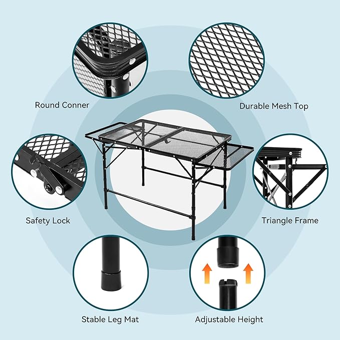 Portable Folding Camping Table with Mesh Side Shelves, Easy for Storage, Compact and Portable Picnic Table for Grill, Outdoor Camping, Black