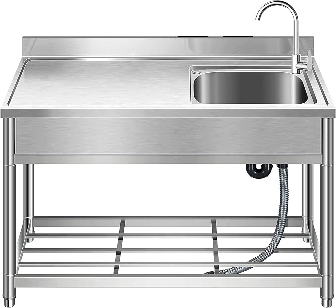 Free Standing Stainless-Steel Single Bowl, Commercial Restaurant Kitchen Sink Set w/Faucet & Drainboard, Prep & Utility Washing Hand Basin w/Workbench & Storage Shelves Indoor Outdoor (47in)