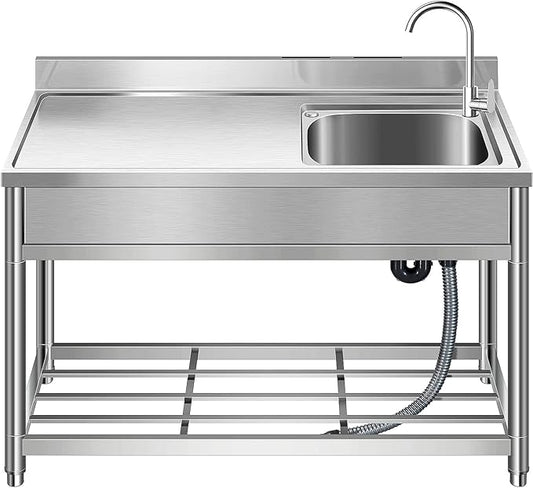 Free Standing Stainless-Steel Single Bowl, Commercial Restaurant Kitchen Sink Set w/Faucet & Drainboard, Prep & Utility Washing Hand Basin w/Workbench & Storage Shelves Indoor Outdoor (47in)