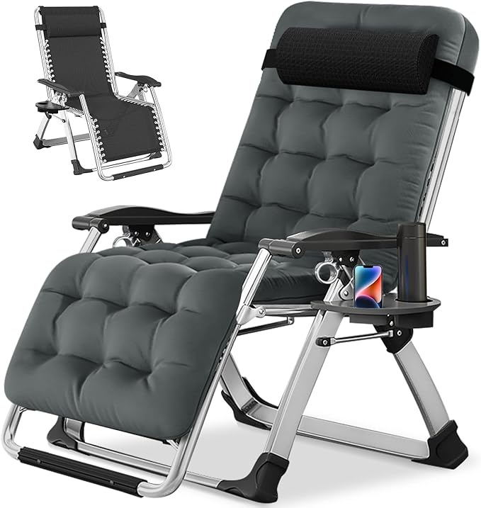 NAIZEA Padded Zero Gravity Chair, Folding Outdoor Lounge Chairs, Adjustable Reclining Camping Chairs with Cup Holder, Ergonomic Patio Lawn Chair for Balcony Beach Deck Yard